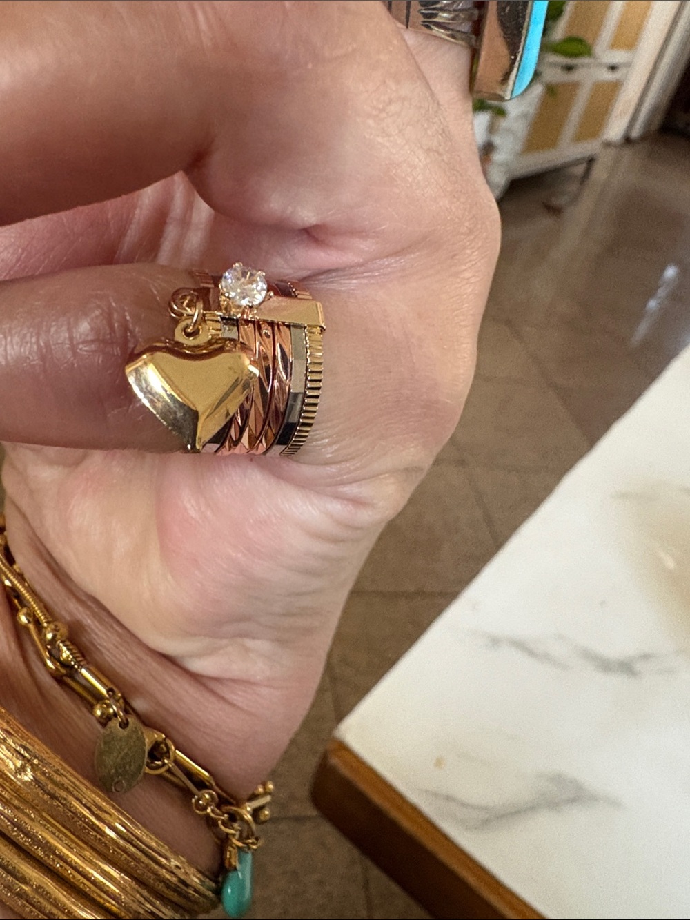 Gold Heart Charm Ring with Clear Gemstone - Women's Jewelry